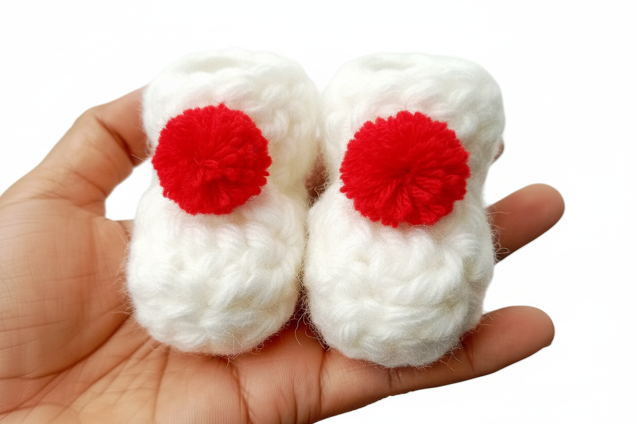 Baby Booties Close-up - Red Pompom