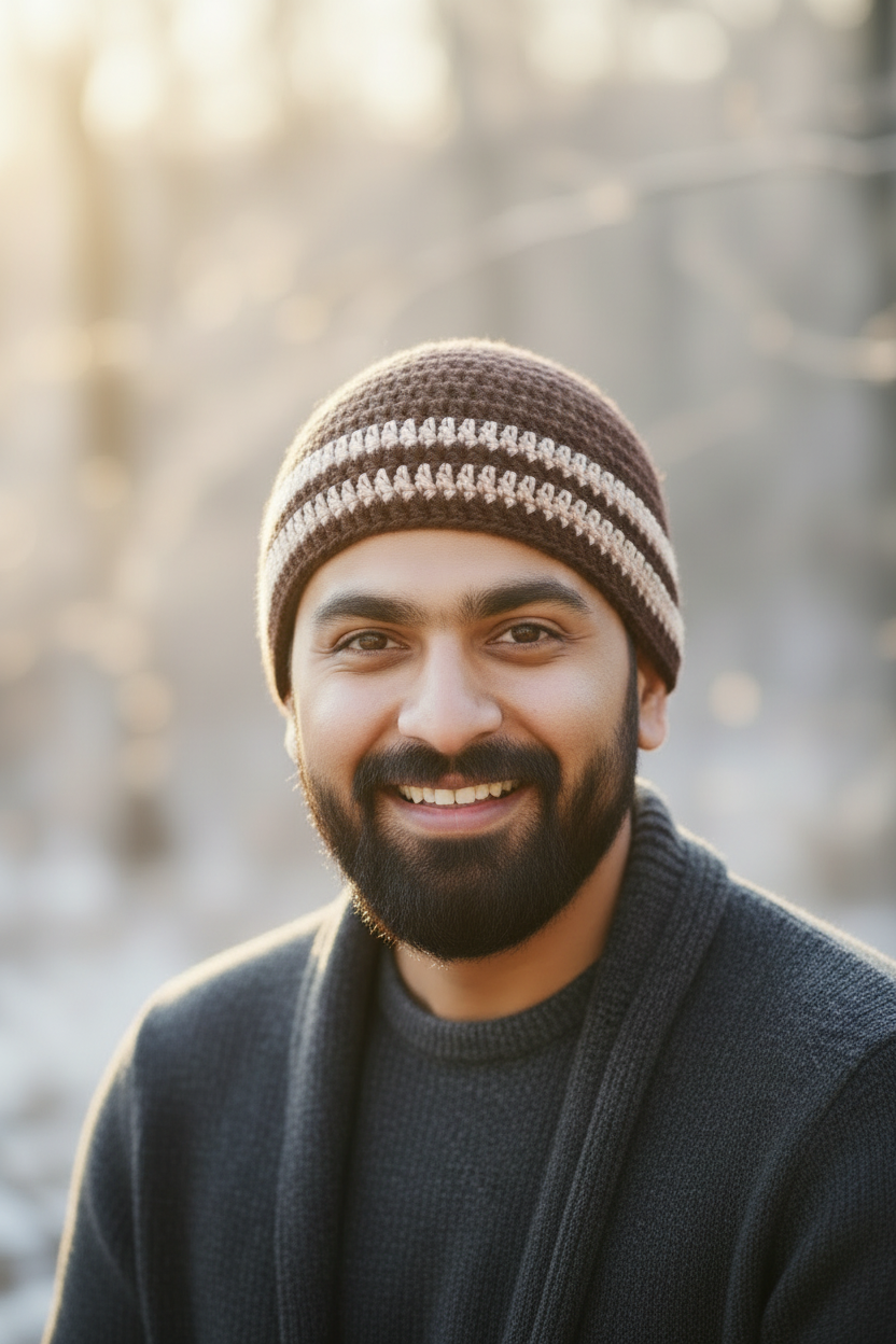 Bearded Indian man brown beige beanie portrait