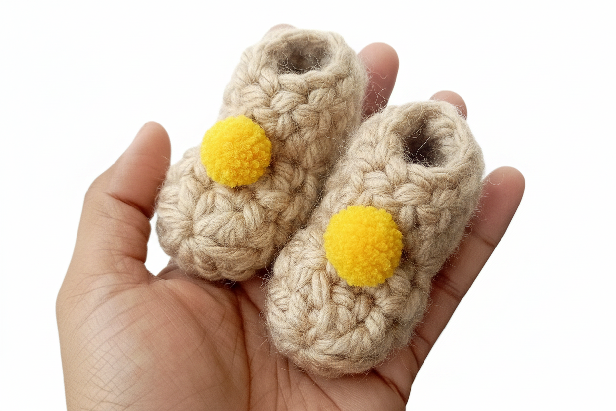 Booties - Beige Base with Yellow Pompom