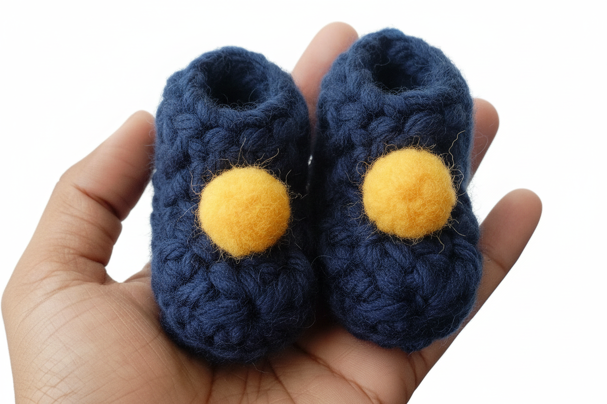 Booties - Navy Base with Yellow Pompom