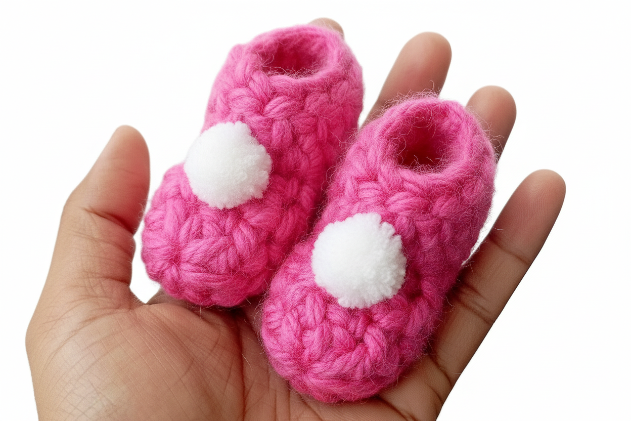 Booties - Pink Base with White Pompom