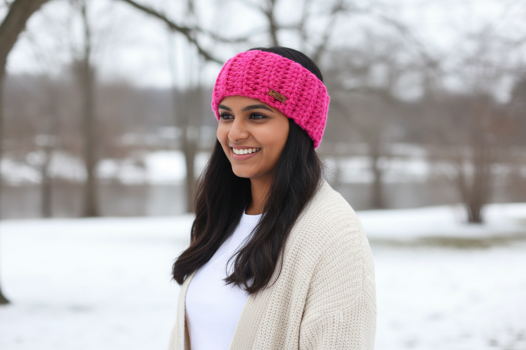 Bright Pink Crochet Tube Headband – Smiling Indian Woman