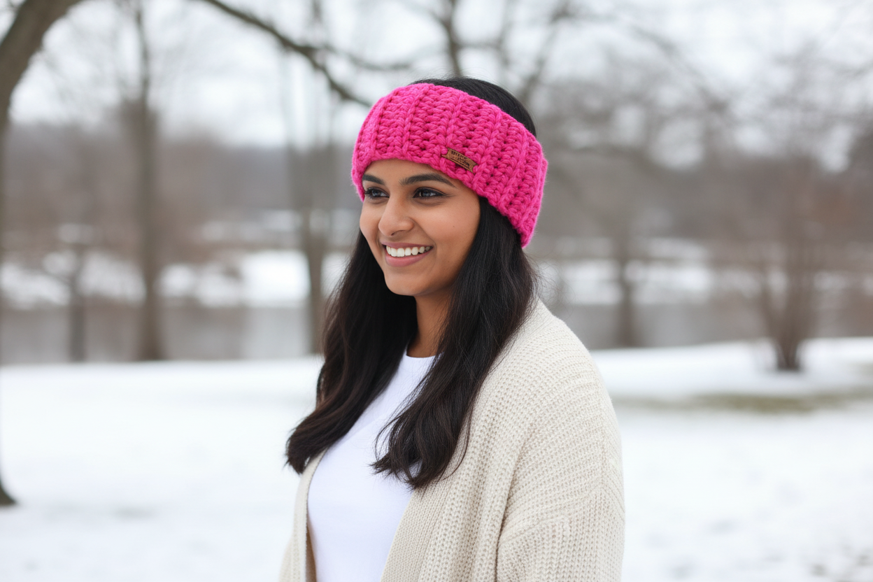 Bright Pink Crochet Tube Headband – Smiling Indian Woman