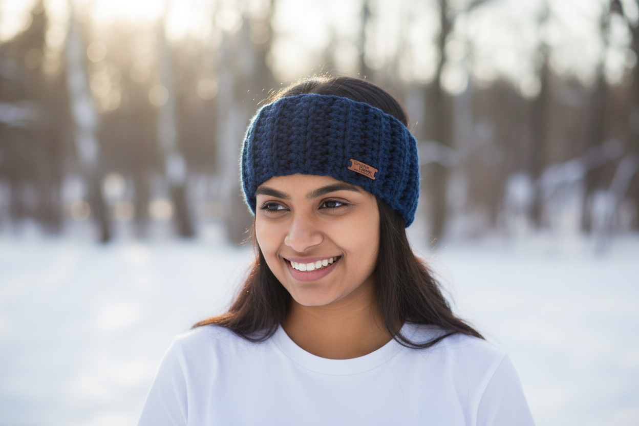 Navy Blue Crochet Ear Warmer – Straight Flat Tube